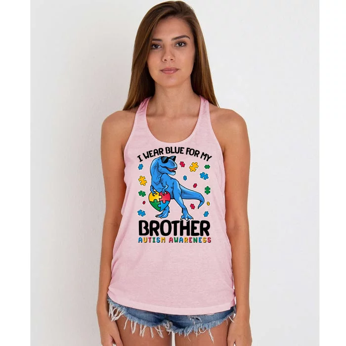 I Wear Blue For My Brother Autism Awareness T-Rex Dinosaur Women's Knotted Racerback Tank