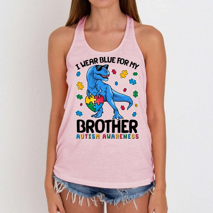 I Wear Blue For My Brother Autism Awareness T-Rex Dinosaur Women's Knotted Racerback Tank