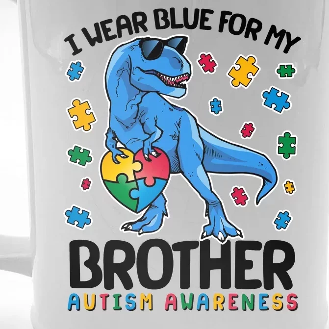 I Wear Blue For My Brother Autism Awareness T-Rex Dinosaur Front & Back Beer Stein