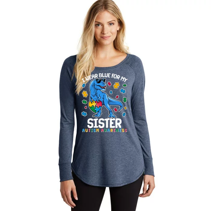 I Wear Blue For My Sister  Autism Awareness T-Rex Dinosaur Women's Perfect Tri Tunic Long Sleeve Shirt