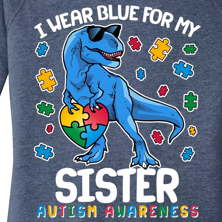 I Wear Blue For My Sister  Autism Awareness T-Rex Dinosaur Women's Perfect Tri Tunic Long Sleeve Shirt