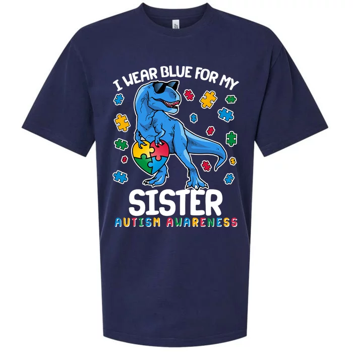 I Wear Blue For My Sister  Autism Awareness T-Rex Dinosaur Sueded Cloud Jersey T-Shirt