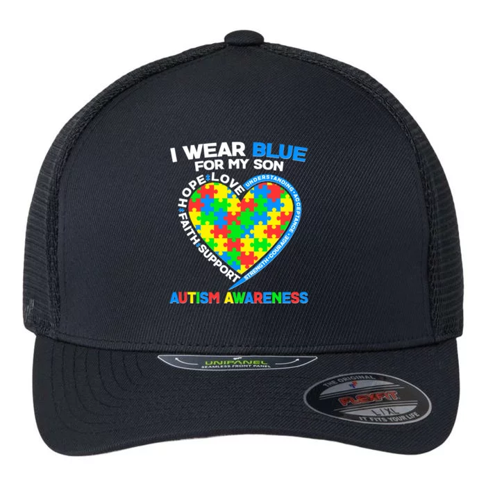 I Wear Blue For My Son Autism Awareness Heart Puzzle Flexfit Unipanel Trucker Cap