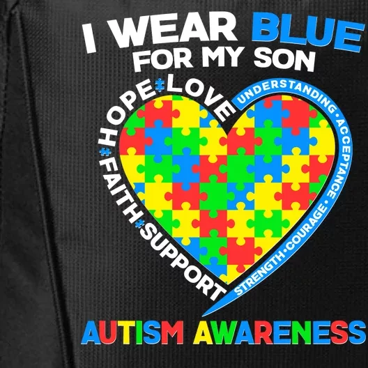 I Wear Blue For My Son Autism Awareness Heart Puzzle City Backpack