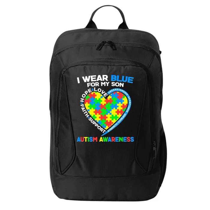 I Wear Blue For My Son Autism Awareness Heart Puzzle City Backpack