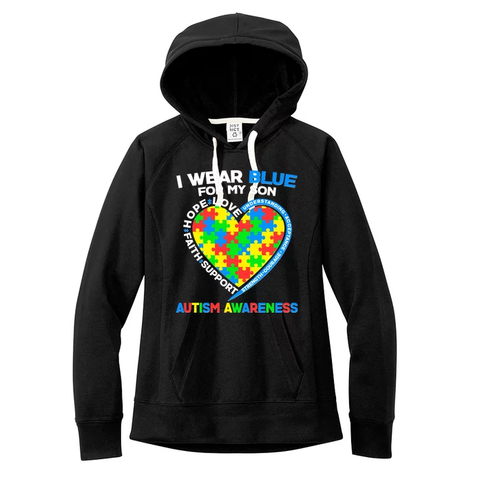 I Wear Blue For My Son Autism Awareness Heart Puzzle Women's Fleece Hoodie