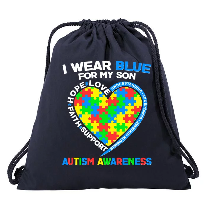 TeeShirtPalace | I Wear Blue For My Son Autism Awareness Heart Puzzle  Drawstring Bag