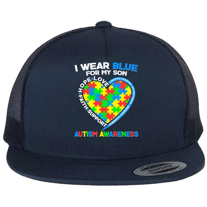 I Wear Blue For My Son Autism Awareness Heart Puzzle Flat Bill Trucker Hat