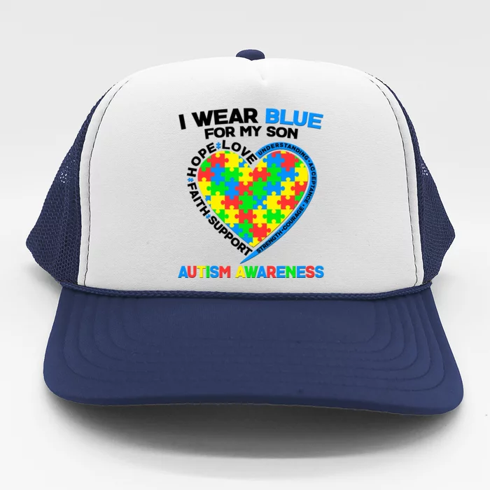 I Wear Blue For My Son Autism Awareness Heart Puzzle Trucker Hat