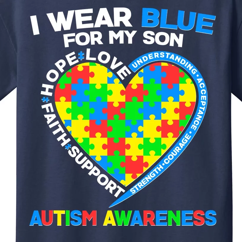 I Wear Blue For My Son Autism Awareness Heart Puzzle Kids T-Shirt