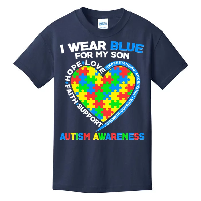 I Wear Blue For My Son Autism Awareness Heart Puzzle Kids T-Shirt