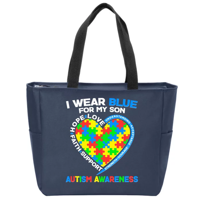 I Wear Blue For My Son Autism Awareness Heart Puzzle Zip Tote Bag