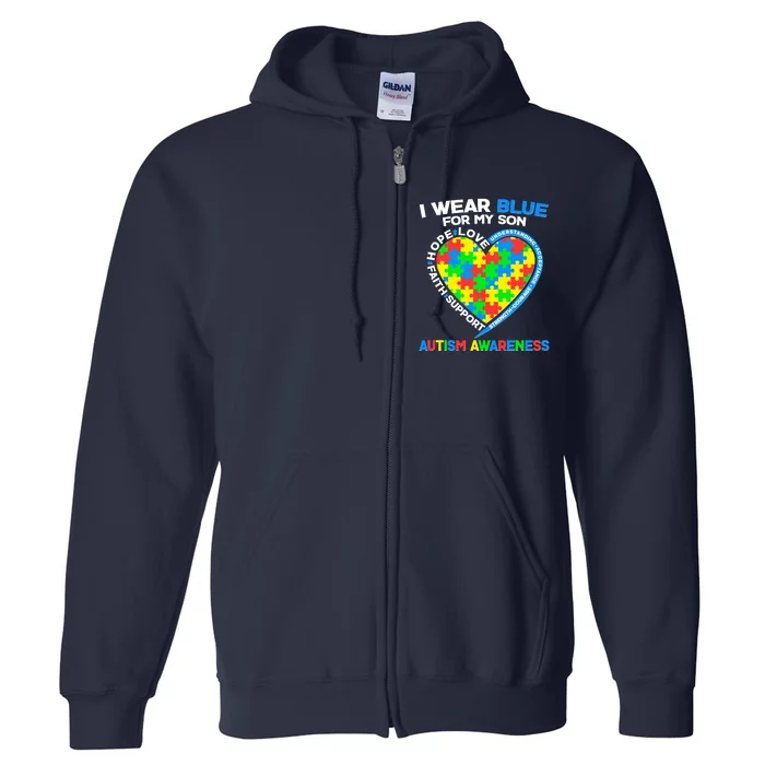 I Wear Blue For My Son Autism Awareness Heart Puzzle Full Zip Hoodie