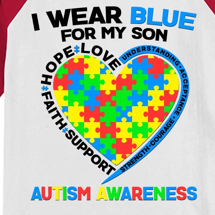 I Wear Blue For My Son Autism Awareness Heart Puzzle Kids Colorblock Raglan Jersey