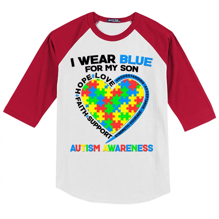 I Wear Blue For My Son Autism Awareness Heart Puzzle Kids Colorblock Raglan Jersey