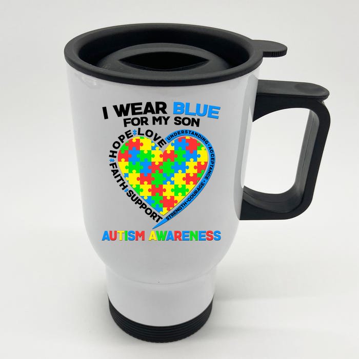 I Wear Blue For My Son Autism Awareness Heart Puzzle Front & Back Stainless Steel Travel Mug