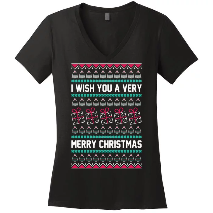 I Wish You A Very Merry Christmas Cute Ugly Sweater Women's V-Neck T-Shirt