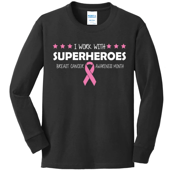 I Work With Superheroes Breast Cancer Awareness Month Kids Long Sleeve Shirt