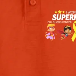 I Work With Superheroes Childhood Cancer Awareness Dry Zone Grid Performance Polo