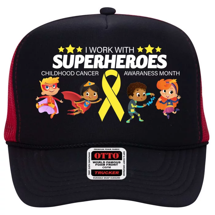 I Work With Superheroes Childhood Cancer Awareness High Crown Mesh Trucker Hat