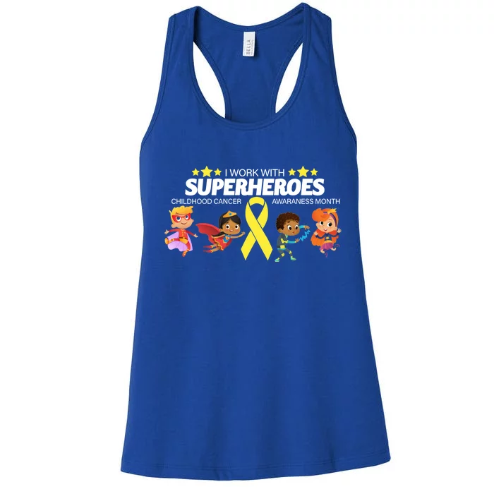 I Work With Superheroes Childhood Cancer Awareness Women's Racerback Tank