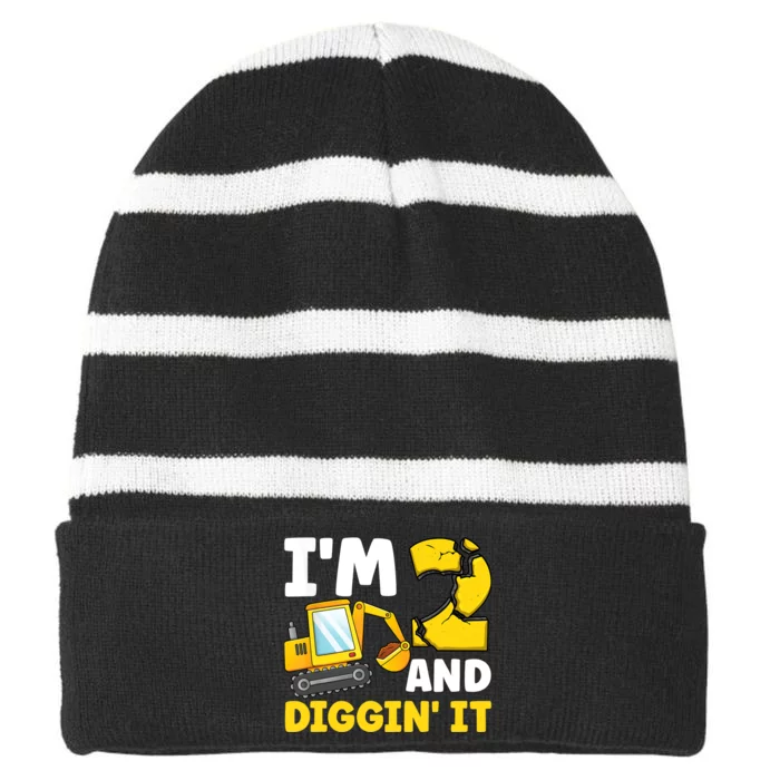 I'm 2 And Digging It 2nd Birthday Excavator Birthday Party Striped Beanie with Solid Band