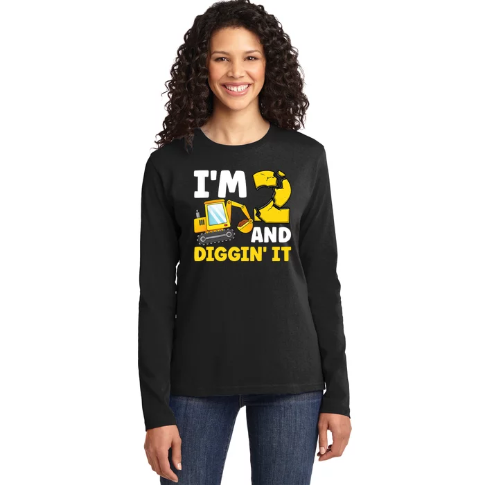 I'm 2 And Digging It 2nd Birthday Excavator Birthday Party Ladies Long Sleeve Shirt