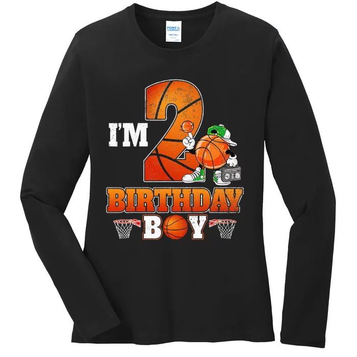 Im 2nd Birthday Boy Basketball 2 Year Old Theme Player Bday Ladies Long Sleeve Shirt