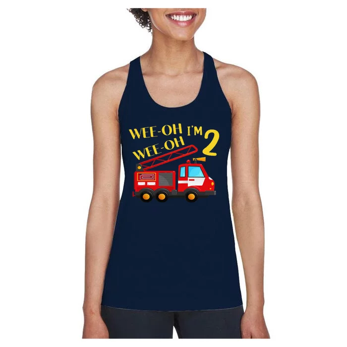 I'm 2 Years Old 2nd Birthday Party WeeOh Alarm Fire Truck Women's Racerback Tank