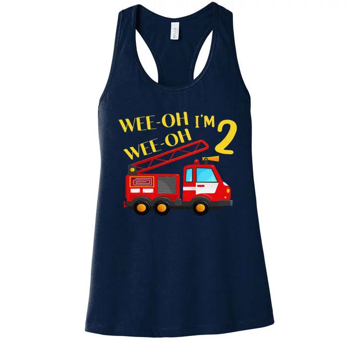 I'm 2 Years Old 2nd Birthday Party WeeOh Alarm Fire Truck Women's Racerback Tank