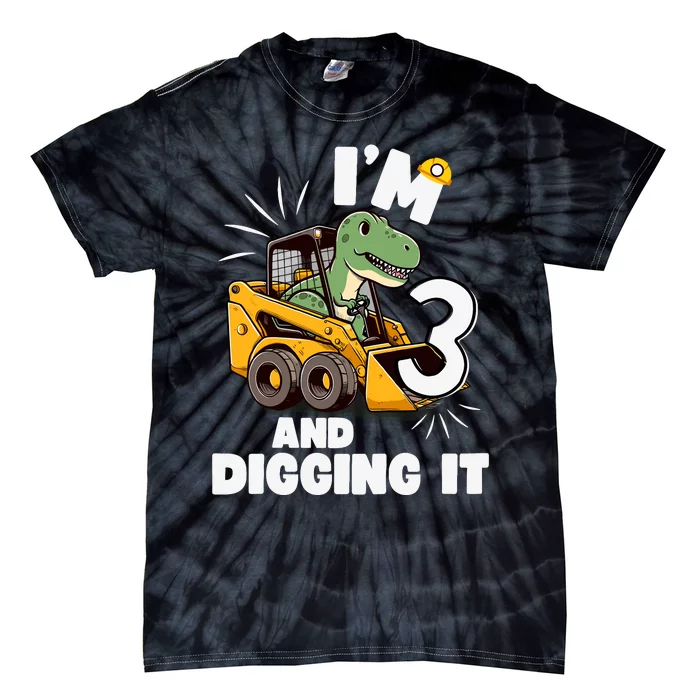 IM 3 And Digging It 3rd Birthday Dinosaur Construction Tie-Dye T-Shirt