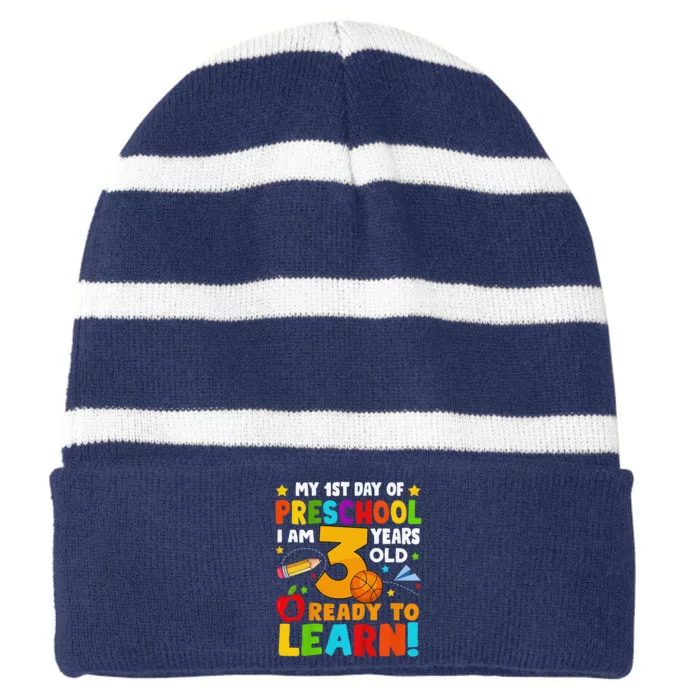 Im 3 Ready To Learn First Day Of School Preschool Toddlers Striped Beanie with Solid Band