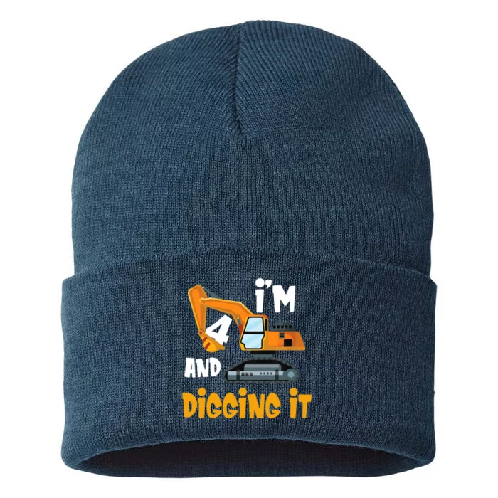 I'm 4 and digging it Excavator 4th Birthday Boy Gift I'm 4 Sustainable Knit Beanie