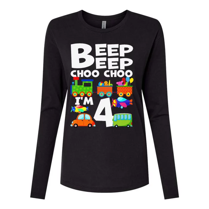 I'm 4 Beep Choo Boy Girl 4th Birthday Train Cars Airplanes Womens Cotton Relaxed Long Sleeve T-Shirt