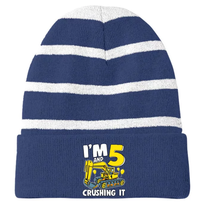 I'm 5 And Crushing It 5 Years Boy 5th Birthday Excavator Striped Beanie with Solid Band