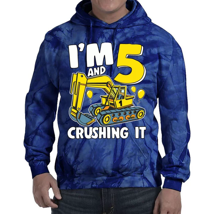 I'm 5 And Crushing It 5 Years Boy 5th Birthday Excavator Tie Dye Hoodie