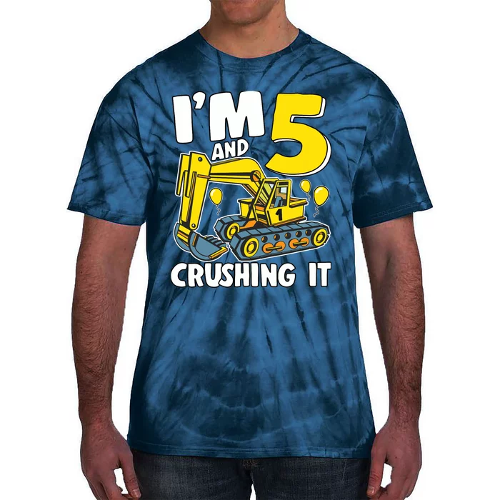 I'm 5 And Crushing It 5 Years Boy 5th Birthday Excavator Tie-Dye T-Shirt