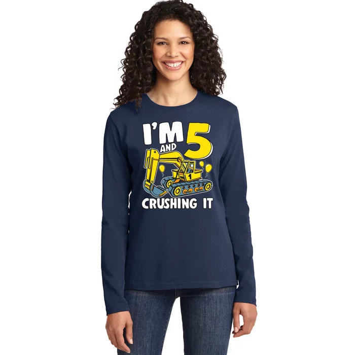 I'm 5 And Crushing It 5 Years Boy 5th Birthday Excavator Ladies Long Sleeve Shirt