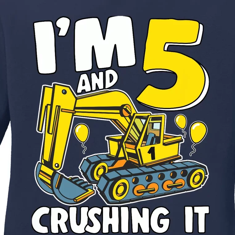 I'm 5 And Crushing It 5 Years Boy 5th Birthday Excavator Ladies Long Sleeve Shirt