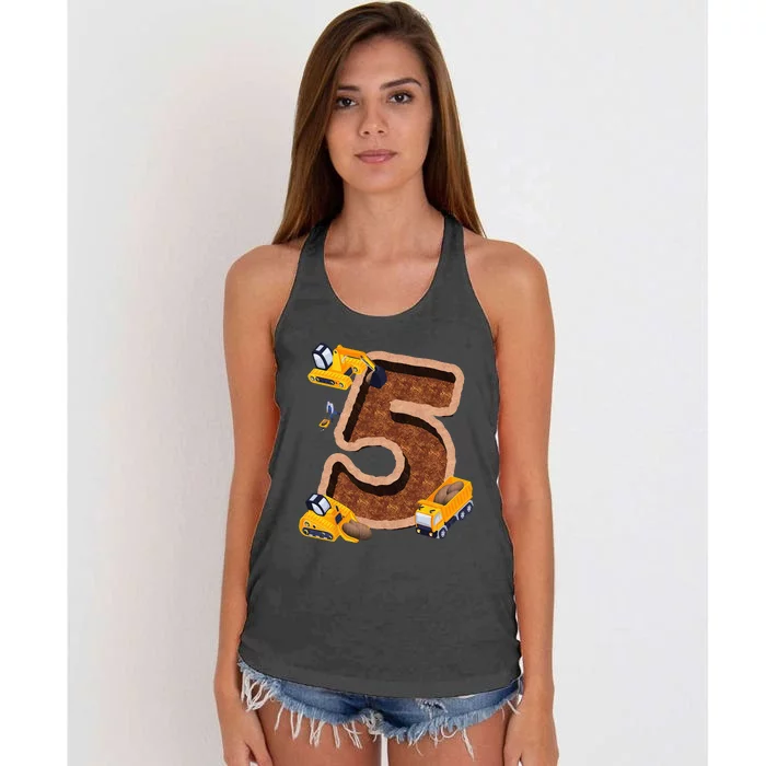 Im 5 and Digging It Dirty 5th -Y Excavator 5th Birthday Women's Knotted Racerback Tank