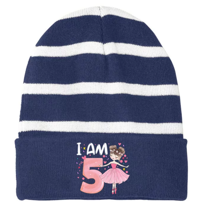 IAm 5 Fifth Birthday Party Dancing Pink Ballerina Striped Beanie with Solid Band