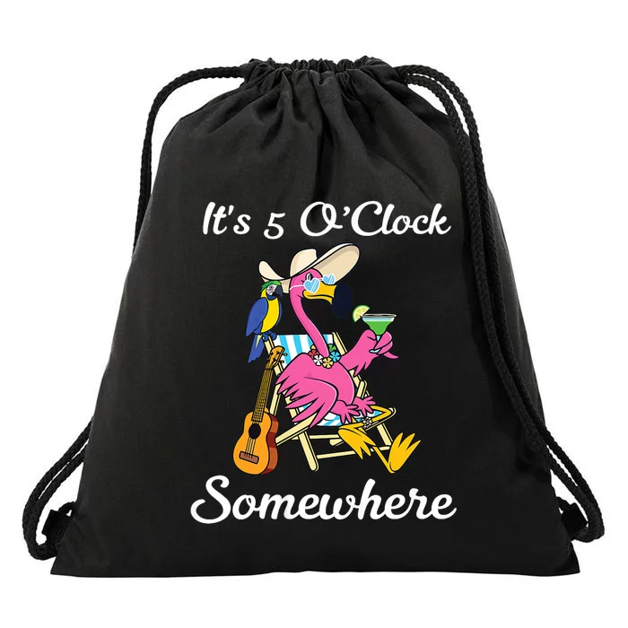 ItS 5 OClock Somewhere Flamingo Beach Vacation Drinking Drawstring Bag