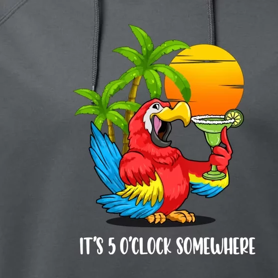 Its 5 Oclock Somewhere Parrot Beach Vacation Happy Performance Fleece Hoodie