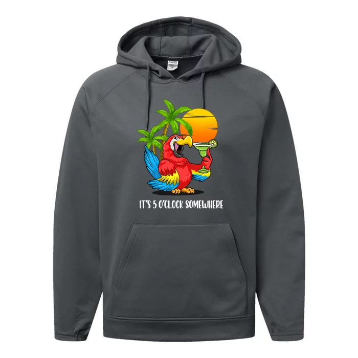 Its 5 Oclock Somewhere Parrot Beach Vacation Happy Performance Fleece Hoodie