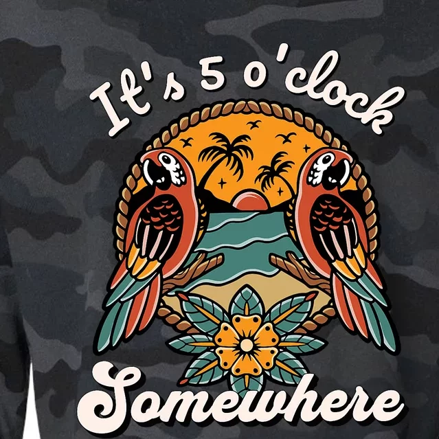 Its 5 O’clock Somewhere Parrot Summer Beach Sunset Drinking Cropped Pullover Crew