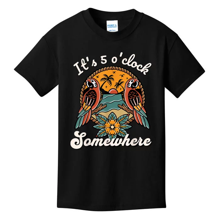 Its 5 O’clock Somewhere Parrot Summer Beach Sunset Drinking Kids T-Shirt