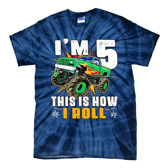 Im 5 This Is How I Roll Monster Truck 5th Birthday Boy Tie-Dye T-Shirt