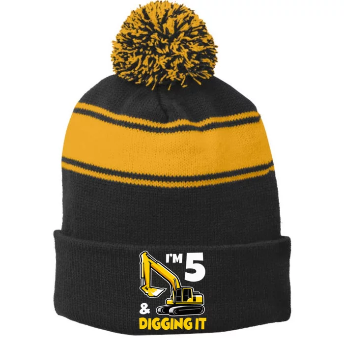 I'm 5 Year Old Gift Excavator Construction 5th Birthday Stripe Pom Pom Beanie