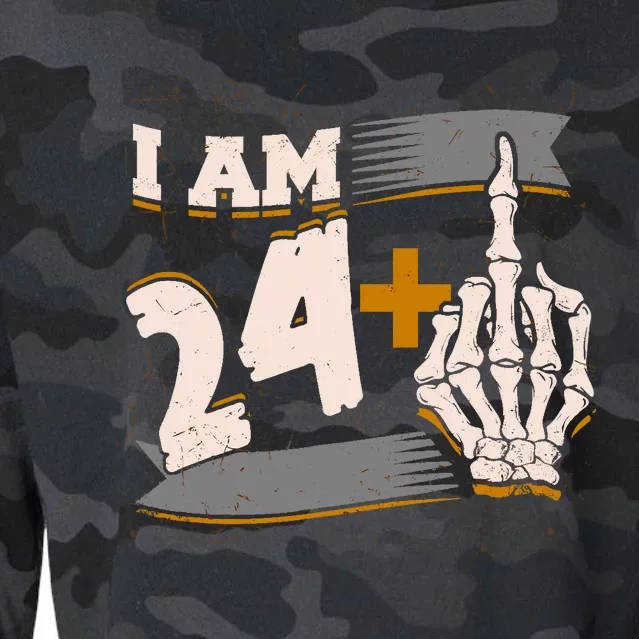 I Am 24 Plus Middle Finger Skeleton Bone Funny 25th Birthday Cropped Pullover Crew