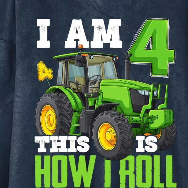 I Am 4 This is How I Roll Four Year Old Tractor 4th Birthday Hooded Wearable Blanket